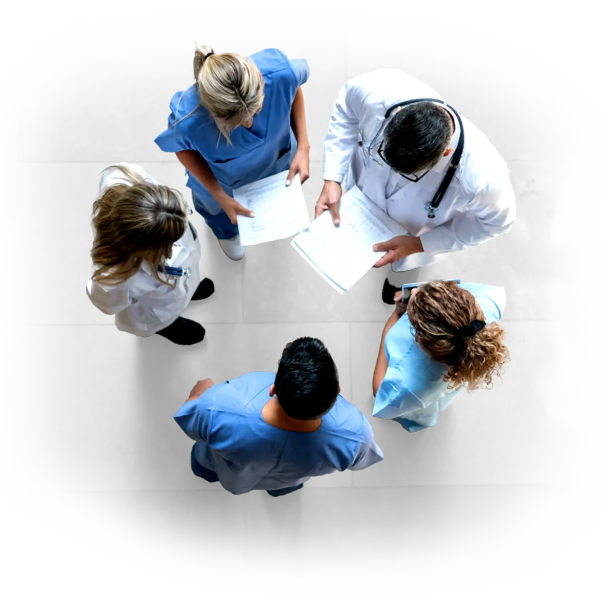 Birdseye view of clinical providers consulting on patient care