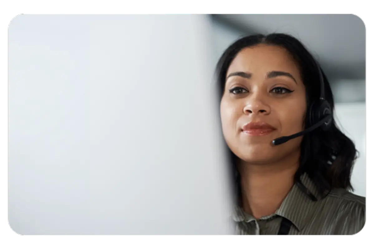 Woman wearing headset talking with a group health provider